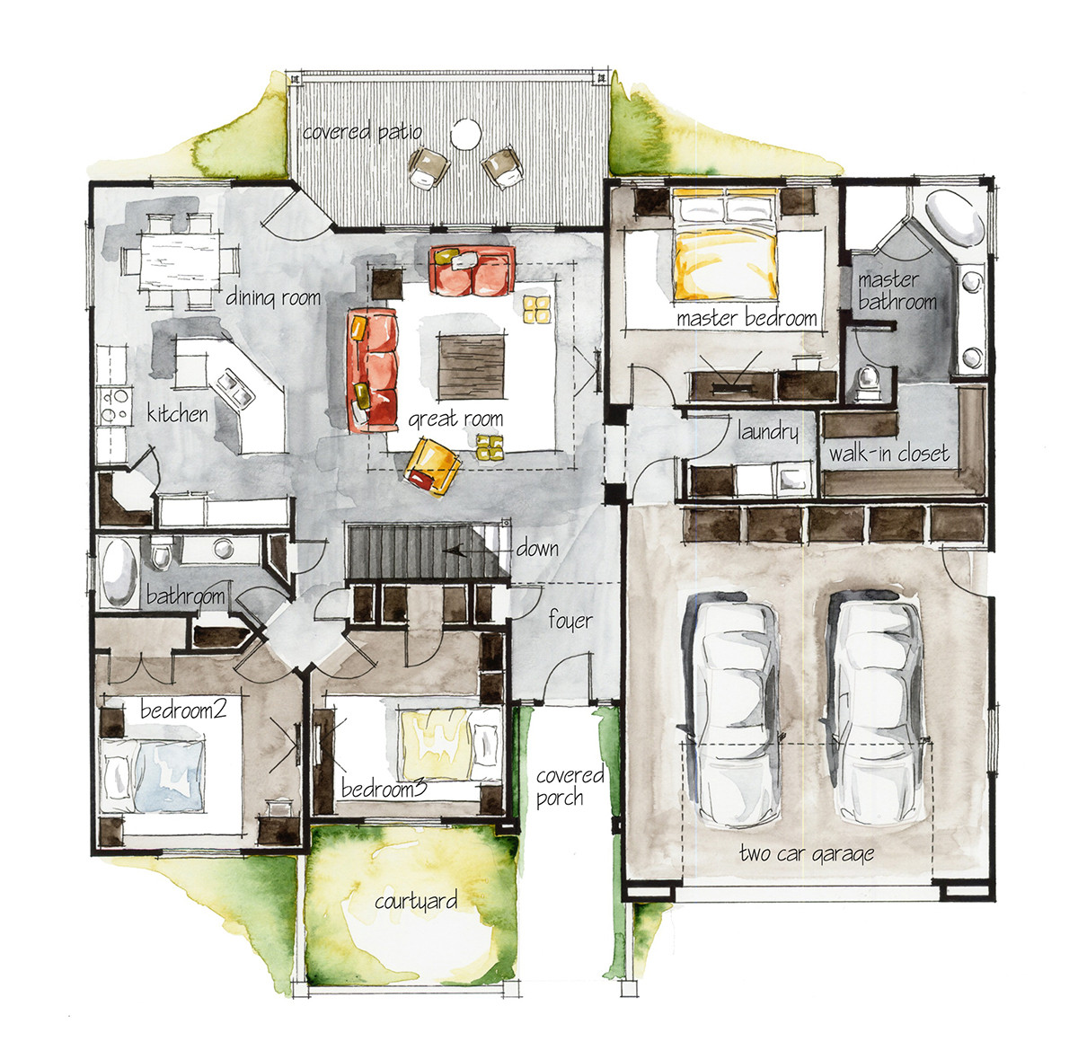 1200x1179 Interior Design Marketing Plan Real Estate Watercolor 2d Floor - Watercolor Floor Plan