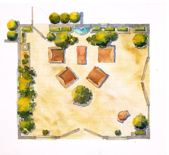 640x586 Parisian Courtyard Watercolor Plan - Watercolor Floor Plan