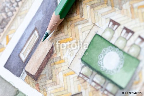 500x334 Sharp Green Glazed Wooden Pencil Tip Shot On Living Room - Watercolor Floor Plan