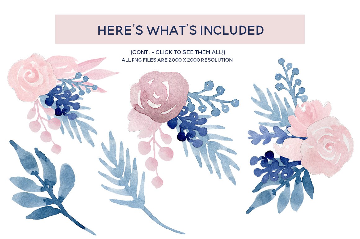 1160x772 Watercolor Flower Navy Blue Blush Pink Floral Clip Art - Watercolor Floral Art