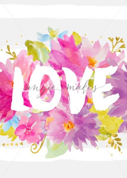 428x600 Cute Love Art Print With Watercolor Flowers. Printable Artwork - Watercolor Floral Art