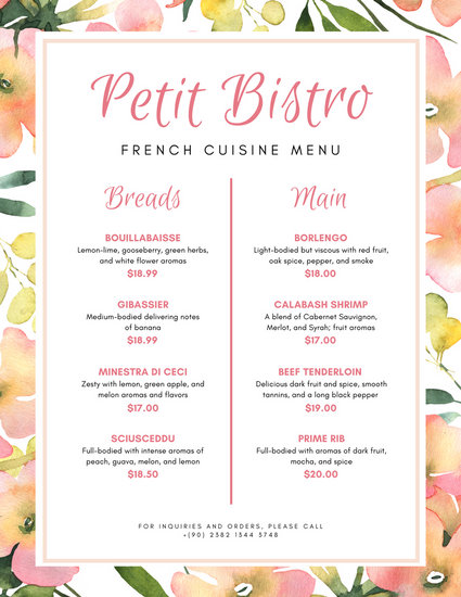 425x550 Peach And White Watercolor Floral Border French Menu - Watercolor Floral Border