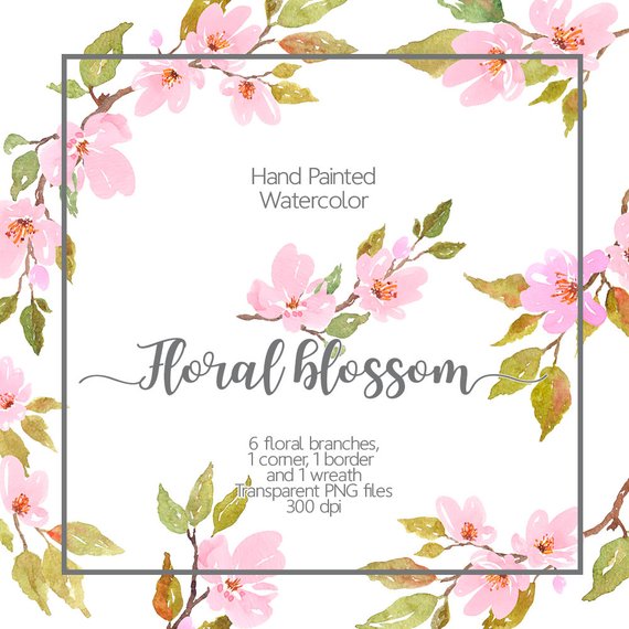 570x570 Watercolor Floral Clipart Cherry Blossom Watercolor Light Etsy - Watercolor Floral Border