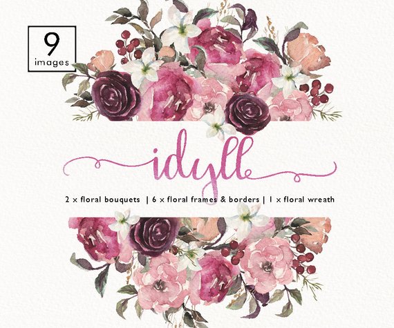 570x475 Watercolor Floral Frame Bouquet Border Header Wreath Set Clip Etsy - Watercolor Floral Border