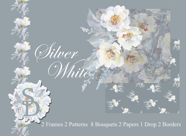 642x471 Silver White Border Frame Printable Watercolor Bouquet Png Etsy - Watercolor Floral Border Paper Printable