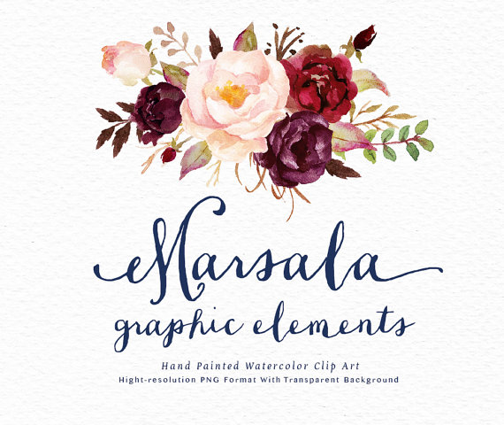 570x480 Watercolor Floral Clip Art Marsala Graphic Elementsindividual Png - Watercolor Floral Clipart