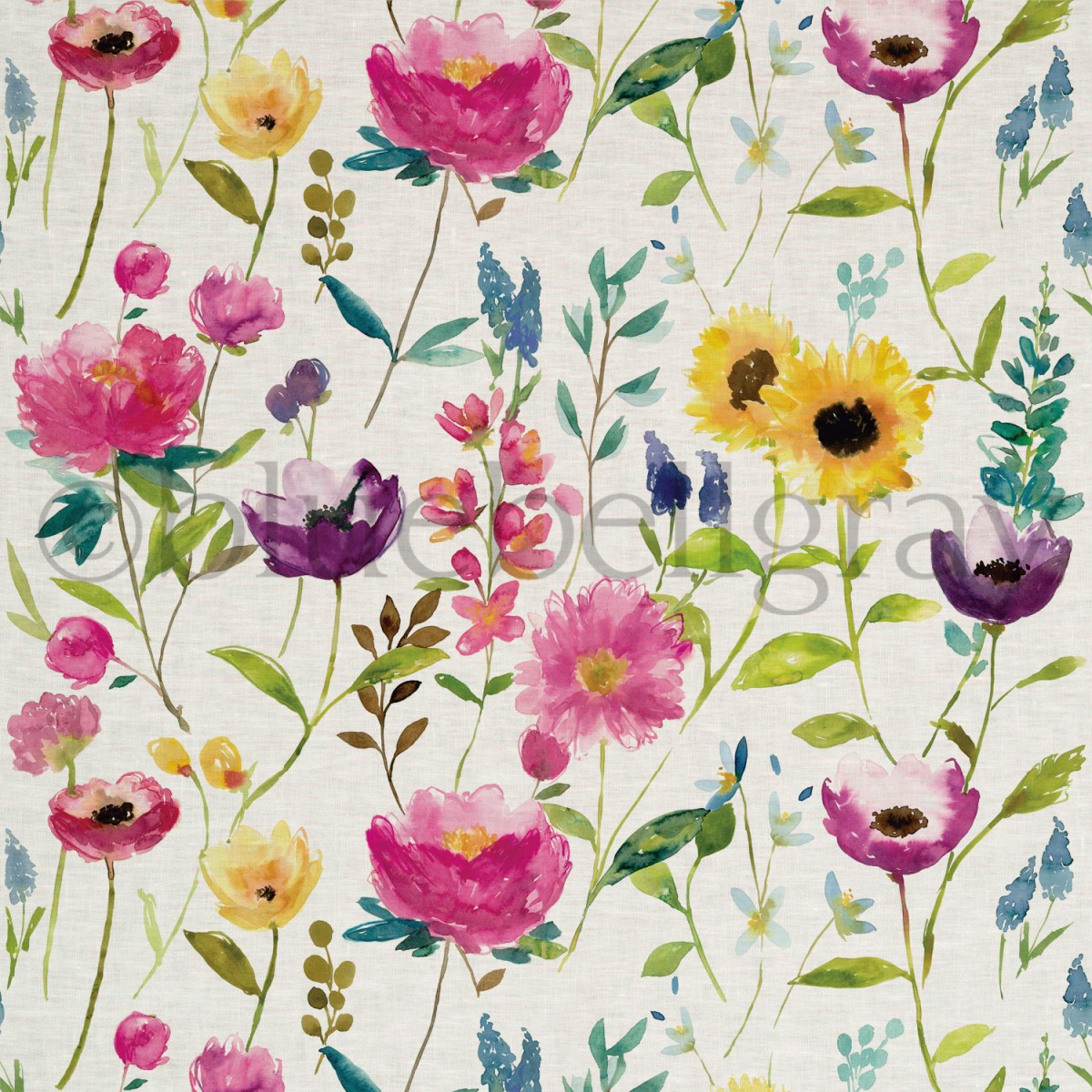 1200x1200 Flower Field Linen Fabric - Watercolor Floral Fabric