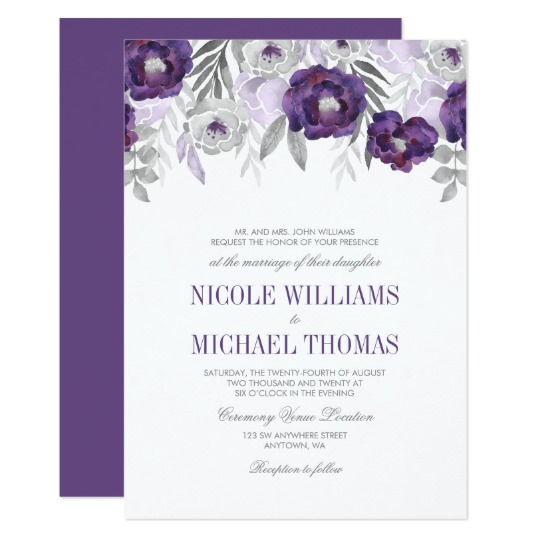 540x540 Purple Gray Watercolor Flowers Wedding Invitations - Watercolor Floral Invitations