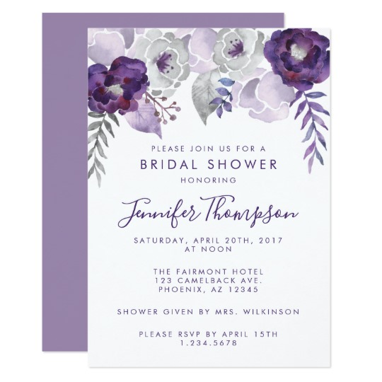 540x540 Purple And Silver Watercolor Floral Bridal Shower Invitation - Watercolor Floral Invitations