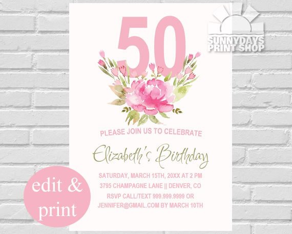 570x457 Watercolor Floral 50th Birthday Invitation 50th Birthday - Watercolor Floral Invitations