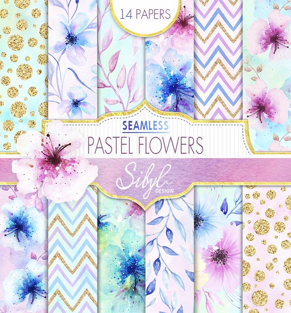 570x614 60% Off Sale Digital Watercolor Floral Paper Pastel Flowers Etsy - Watercolor Floral Paper