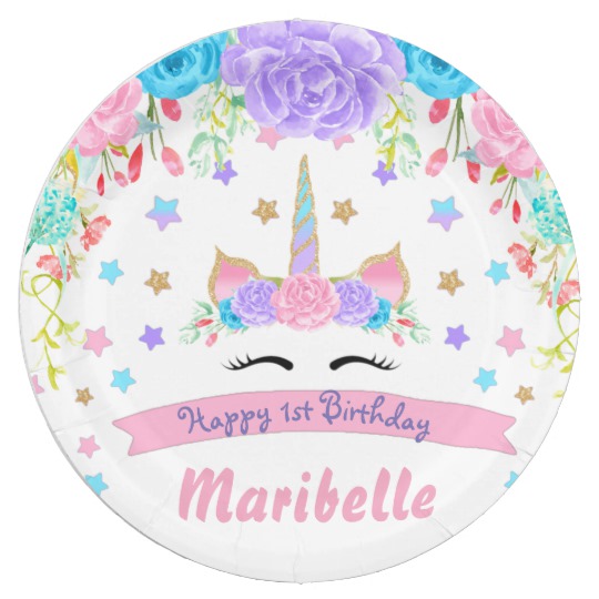 540x540 Watercolor Floral Unicorn Face Birthday Party Paper Plate - Watercolor Floral Paper