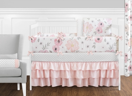450x327 Watercolor Floral Pink And Grey Crib Bedding Set - Watercolor Floral Sheets