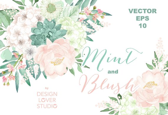 570x392 Vector Watercolor Mint And Blush Clipart Watercolor Flower Etsy - Watercolor Floral Vector