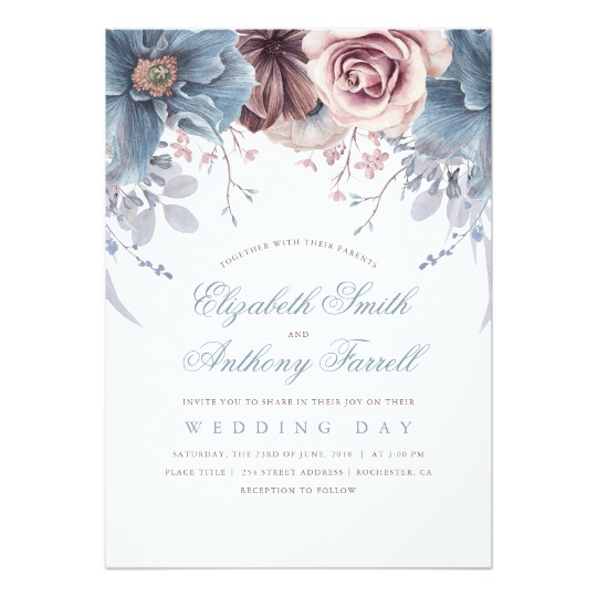 540x540 Dusty Blue And Mauve Watercolor Floral Wedding Invitation - Watercolor Floral Wedding Invitations