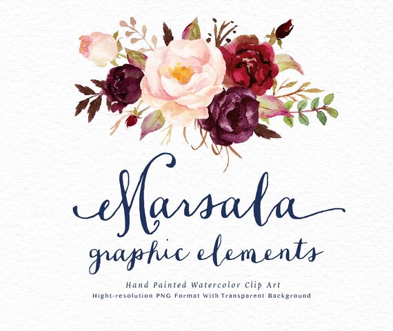 570x480 Watercolor Floral Clip Art Marsala Graphic Elementsindividual Etsy - Watercolor Flower Art