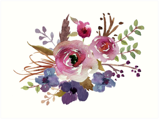 549x413 Burgundy Blue Watercolor Flower Bouquet Art Prints By Junkydotcom - Watercolor Flower Art