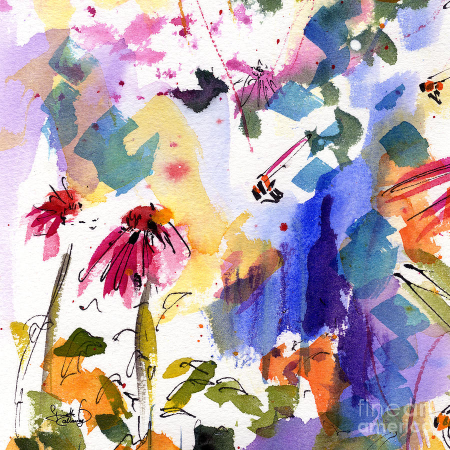 900x900 Expressive Watercolor Flowers And Bees Painting By Ginette Callaway - Watercolor Flower Art