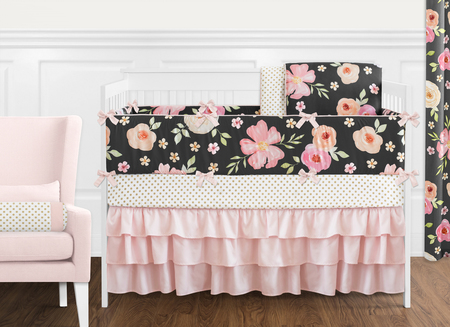 450x327 Watercolor Floral Black And Pink Crib Bedding Set - Watercolor Flower Bedding