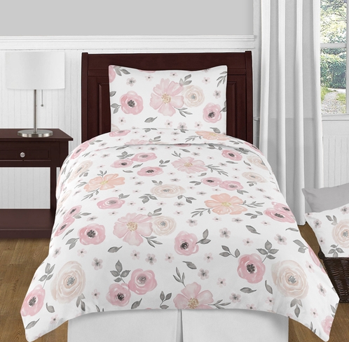 498x489 Blush Pink, Grey And White Shabby Chic Watercolor Floral Girl Twin - Watercolor Flower Bedding