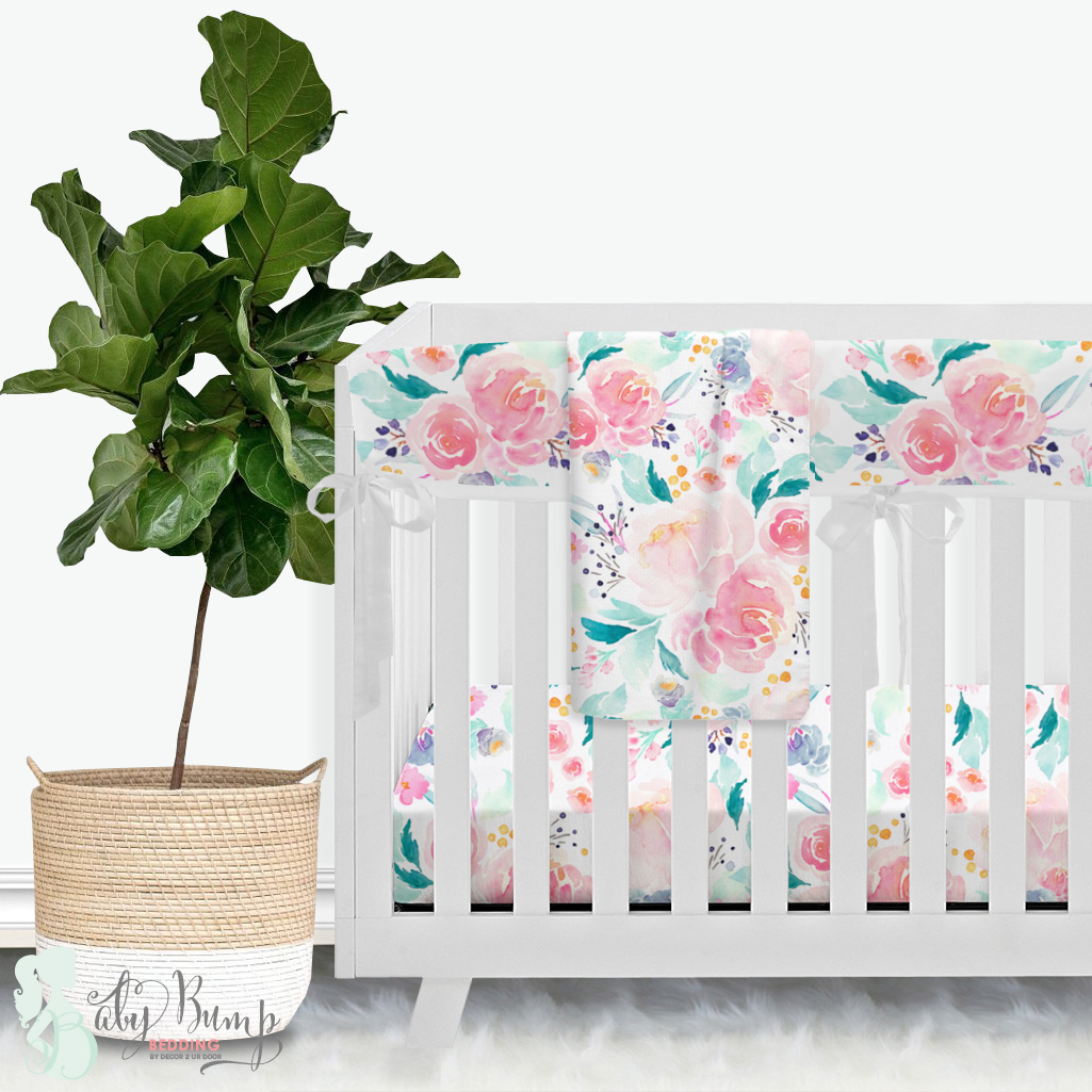 1025x1025 Bright And Beautiful Watercolor Floral Baby Girl Crib Beddin - Watercolor Flower Bedding