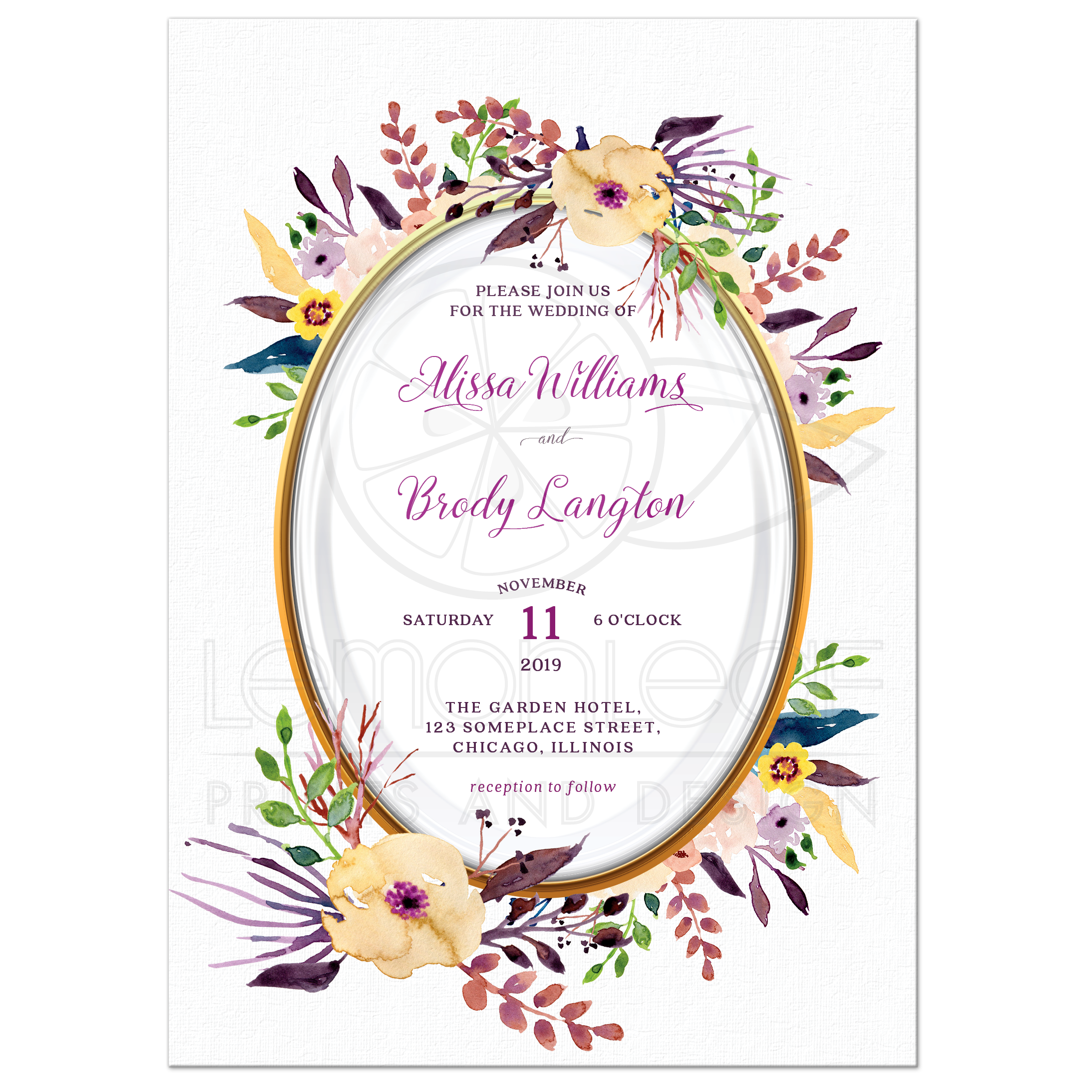 2175x2175 Oval Watercolor Flower Border Wedding Invitation - Watercolor Flower Border