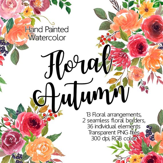 570x570 Watercolor Flower Clipart Autumn Printable Flowers Autumn Etsy - Watercolor Flower Border