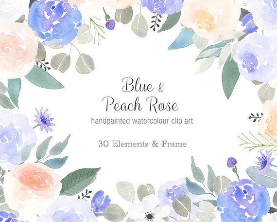 570x456 Watercolor Floral Clip Art Flower Border Blue Peach White Etsy - Watercolor Flower Border