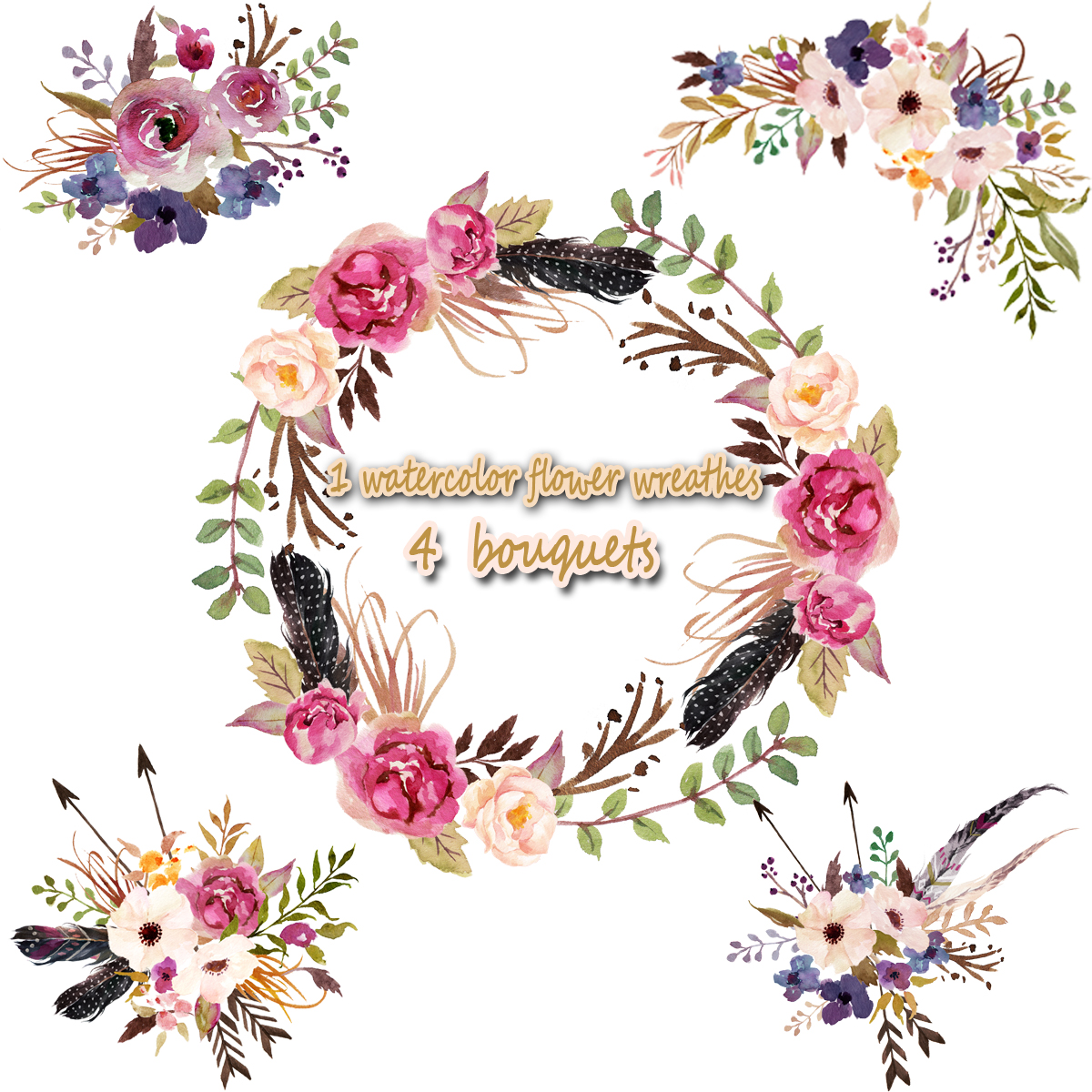 1200x1200 1 Watercolor Flower Wreathes Amp 4 Flower Bouquet, Floral Frame Png - Watercolor Flower Bouquet