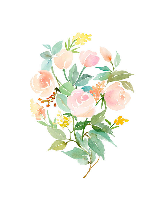 570x738 Rose Bouquet In Peach Watercolor Art Print Idealpin - Watercolor Flower Bouquet