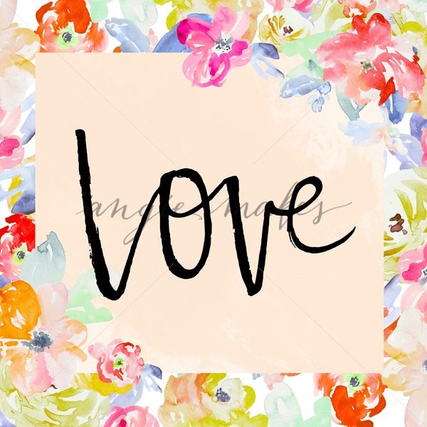 600x600 Love Brushlettering Printable. Printable Love Background With - Watercolor Flower Brush