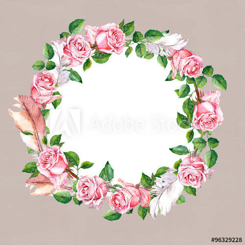500x500 Rose Flower Wreath With Feathers. Floral Circle Border. Watercolor - Watercolor Flower Circle