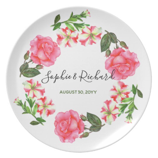 540x540 Watercolor Pink Flowers Circle Wreath Design Dinner Plate - Watercolor Flower Circle