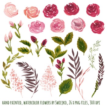 350x349 Watercolor Flowers Clipart Set, Vintage Roses - Watercolor Flower Clipart
