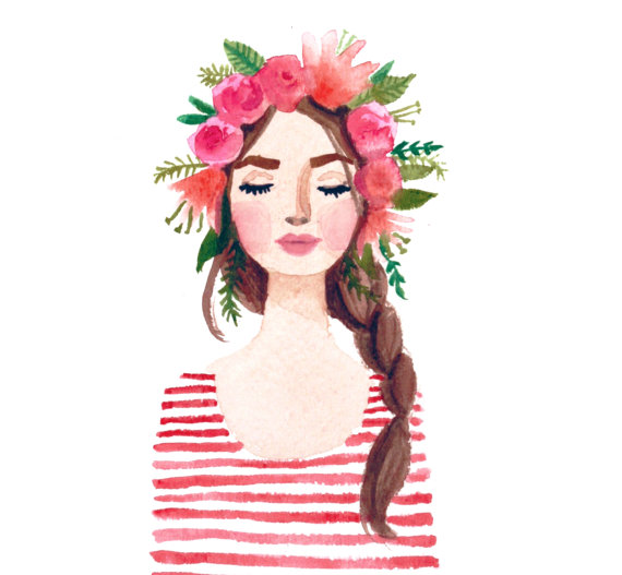 570x527 Print Of Flower Crown Girl Original Watercolor Painting. Pink Lips - Watercolor Flower Crown