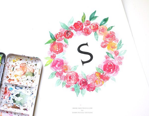 600x467 Watercolor Floral Wreath Monogram Dawn Nicole - Watercolor Flower Design