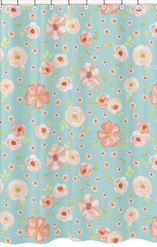 318x500 Turquoise And Peach Bathroom Fabric Bath Shower Curtain For - Watercolor Flower Fabric