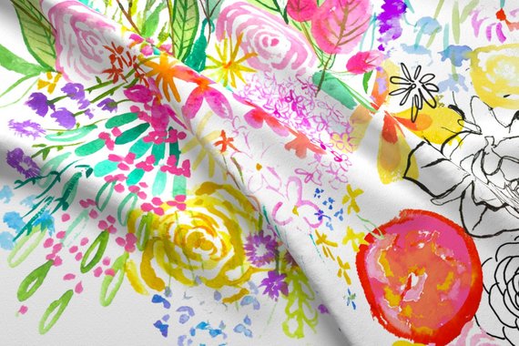 570x380 Watercolor Floral Fabric Botanical Sketchbook Large Scale Etsy - Watercolor Flower Fabric