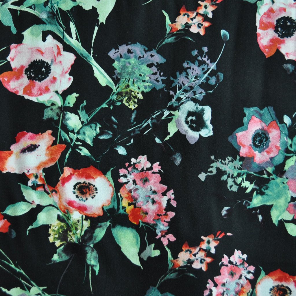 1024x1024 Watercolor Floral Rayon Shirting Black Style Maker Fabrics - Watercolor Flower Fabric