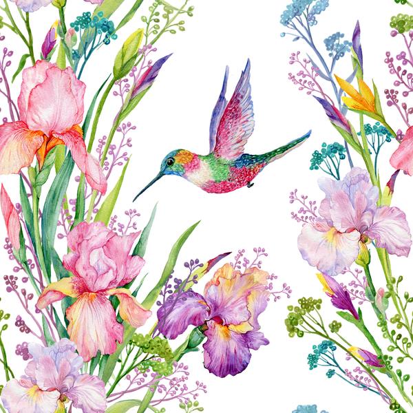 600x600 Flower Fabric, Bird Fabric, Watercolor Fabric, Humming Bird And - Watercolor Flower Fabric