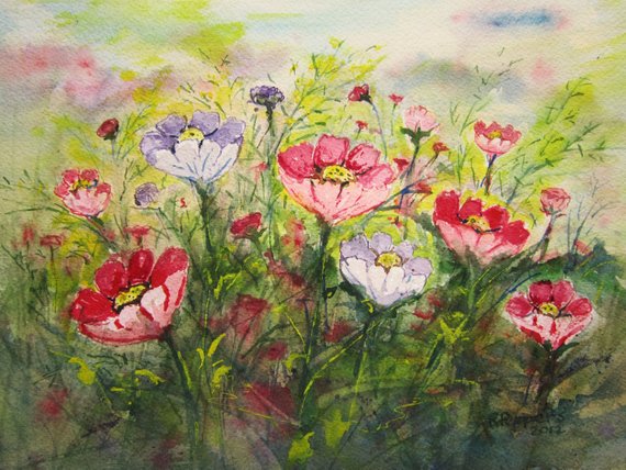570x428 Flower Field Watercolor Print Watercolor Flowers Flower Etsy - Watercolor Flower Field