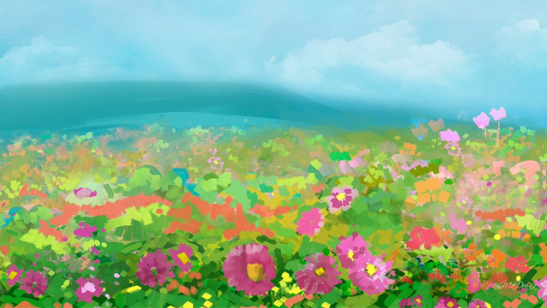 1920x1080 Flower Floral Field Spring Colorful Summer Sky Pretty Garden Paint - Watercolor Flower Field