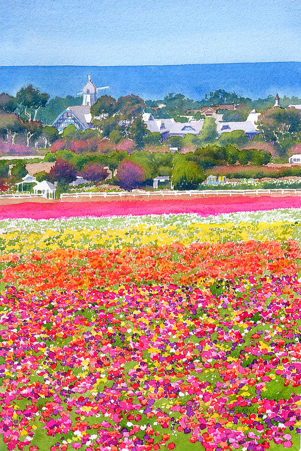 600x900 New Carlsbad Flower Fields Painting By Mary Helmreich - Watercolor Flower Field