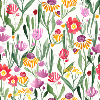 400x400 Watercolor Flower Field In White - Watercolor Flower Field