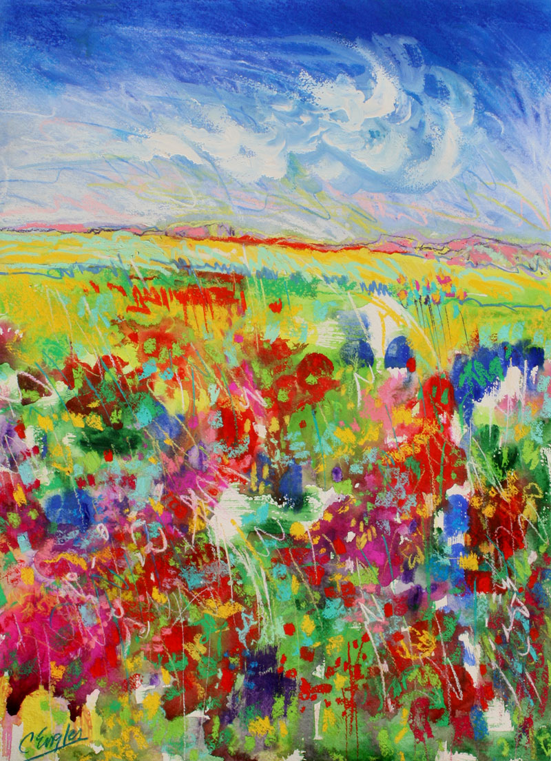 800x1105 Carol Engles Art Bright Flower Field, One, Abstract Painting By - Watercolor Flower Field