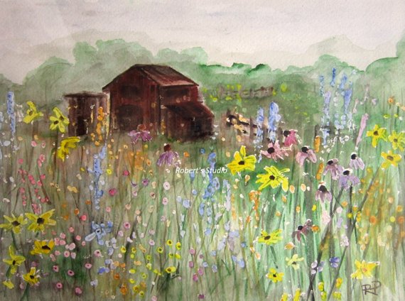 570x424 Field Of Flowers Print Of Original Watercolor Painting Barn Etsy - Watercolor Flower Field