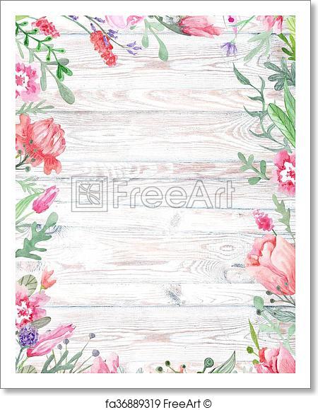 450x580 Free Art Print Of Watercolor Floral Frame On Wood Background - Watercolor Flower Frame