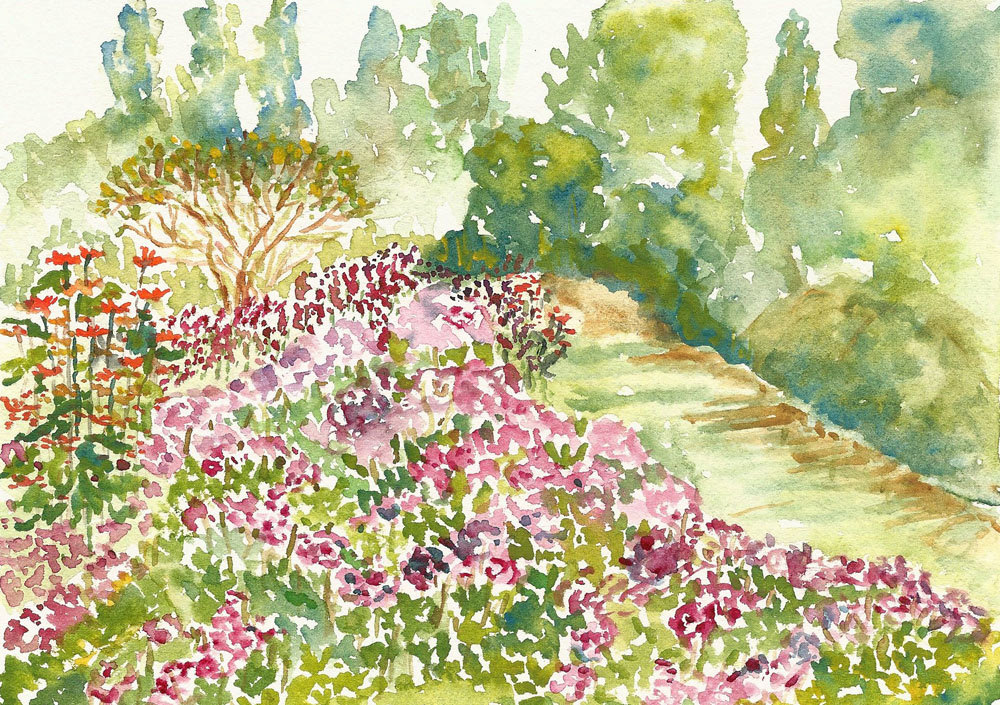 1000x705 Garden Watercolor Clubbok Tower Gardens - Watercolor Flower Garden