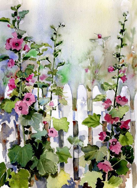 476x650 Hollyhock Cottage Watercolors Hollyhock, Garden - Watercolor Flower Garden