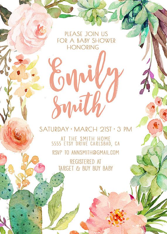 570x798 Girl Baby Shower Invitation, Succulent, Watercolor, Flowers, Boho - Watercolor Flower Invitation